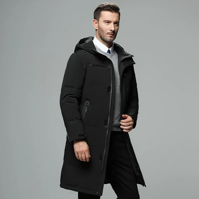 Abrigos largos de plumón de pato negro para hombre, chaquetas casuales con capucha, chaquetas cálidas a prueba de viento para exteriores de calidad,