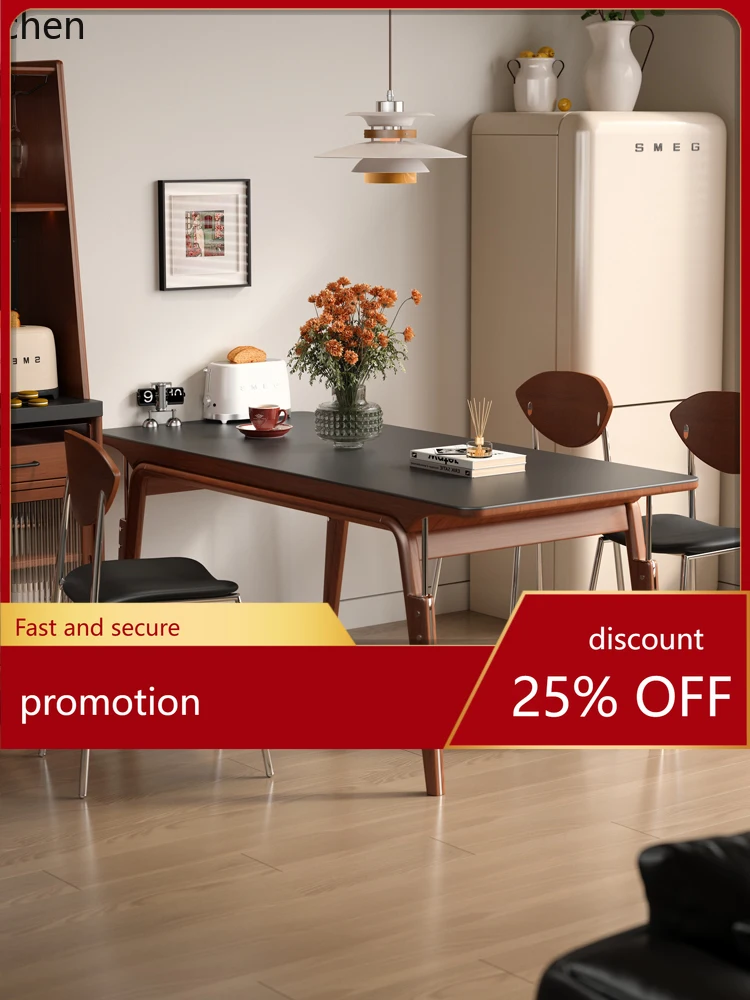 

HT solid wood rock slab dining table small apartment black rock slab retro rectangular table and chair combination