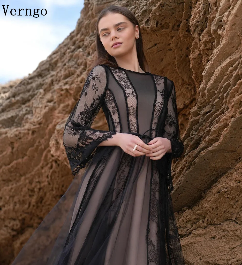 Verngo Black Tulle Evening Dress Women O Neck A Line Prom Gowns For Women Puff Fulll Sleeves Prom Party Dress