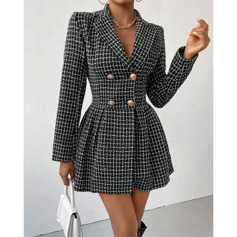 

Autumn Women Double Breasted Plaid Print Nothched Collar Long Sleeve Dress Coat Slim Fit Ruched Elegant Dresses