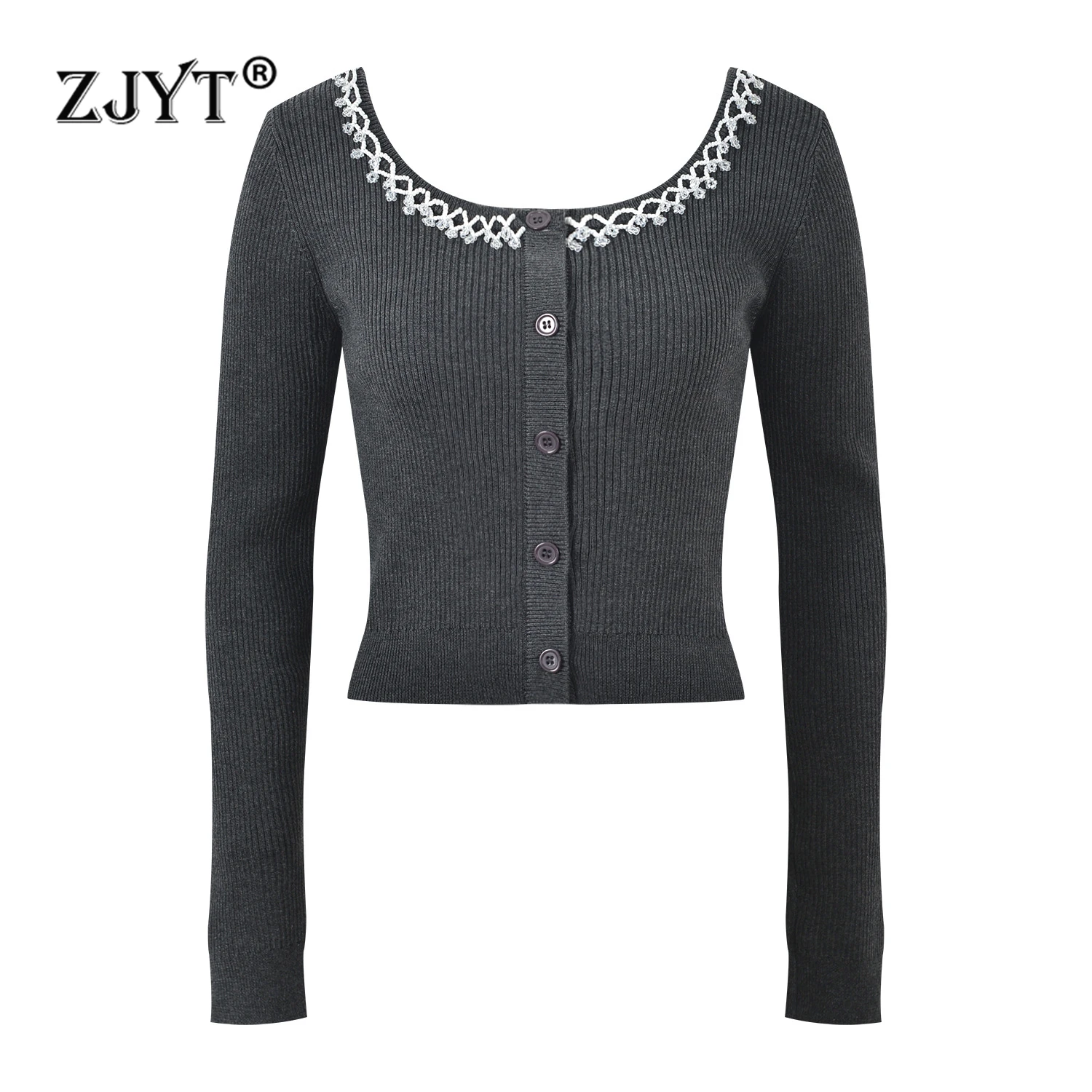 

ZJYT Fashion 2025 Spring Beading U Neck Short Pullover Sweaters Women Long Sleeve Knitted Tops Elegant Knitwears Solid Female