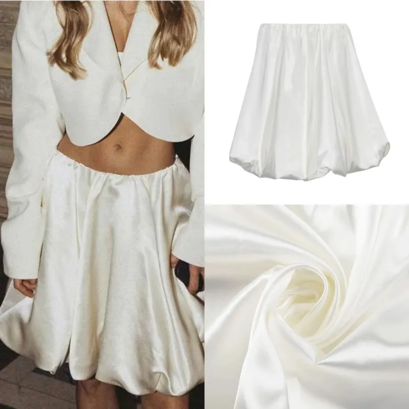 

Casual Satin Mini Skirt For Women Elegant High Waist A-line Vintage White Balloon Skirt Korean Fashion Style Summer Outfits New