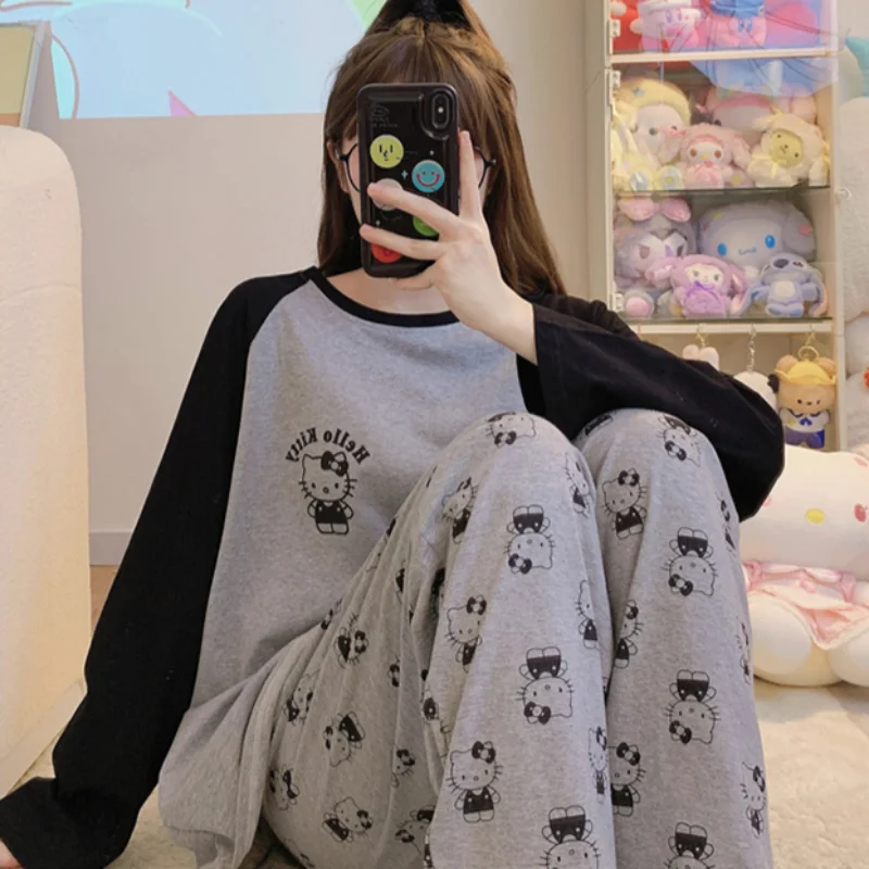 HelloKitty pajamas autumn pure cotton long-sleeved trousers two-piece set casual silk pajamas women's loungewear women's pajamas