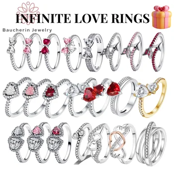 Boże Narodzenie Nowy srebrny pierścionek 925 Różowe serce Cyrkonia Błyszczący pierścionek z kokardą Oryginalny pierścionek DIY Kobiety Drobna biżuteria Prezenty świąteczne dla dziewczynki