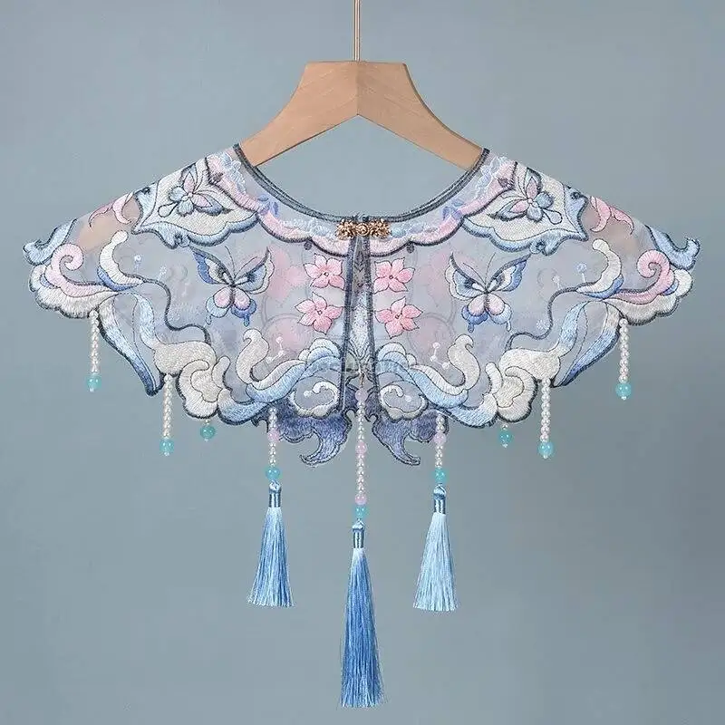 

2025 new Chinese ancient style hanfu shawl Butterfly embroidered tassel Hanfu cloud shoulder women's decorative false collar