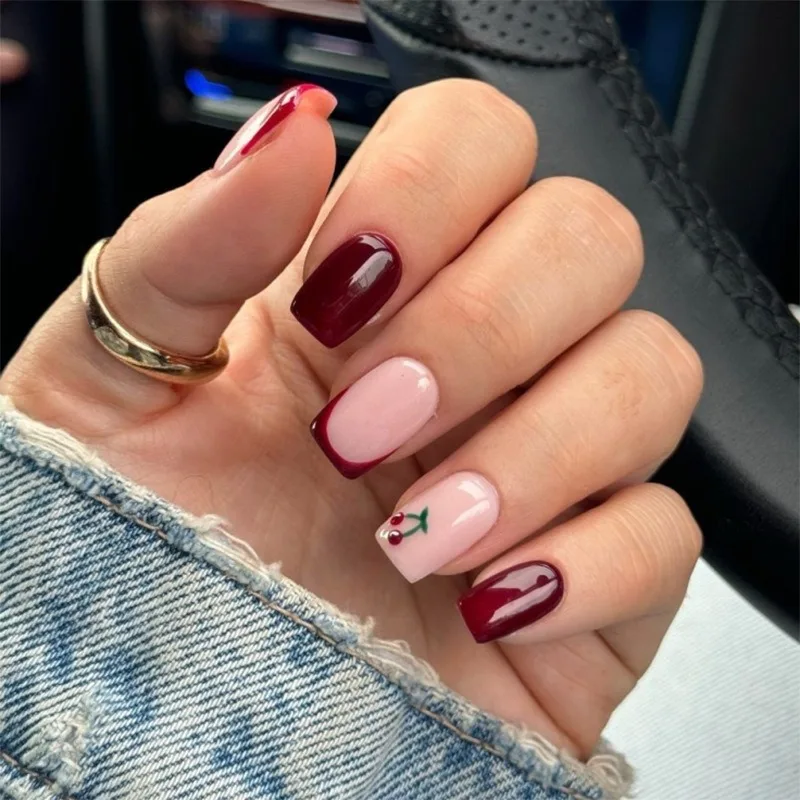

24 Pcs French Wine Red Nails Press on Nail for Gluing Ready Simple Short Square False Nails Cherry Nail Tips Prosthetic Nail Set