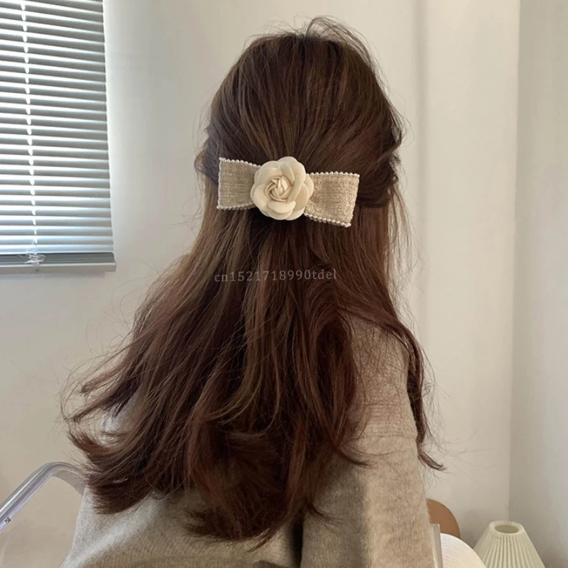 Elegant Tweed Camellia Bow Hairpin for Women Girls Hairclip Retro Headdress Hairgrips Back Head Party Vintage Hair Accessories