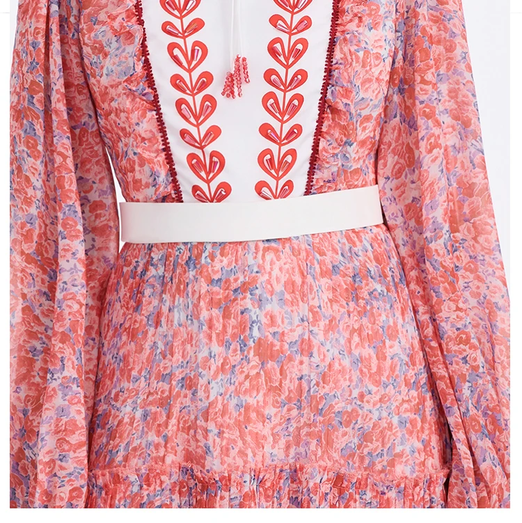 2025 New Arrives Chiffon Long Sleeve Floral Print Holiday Dress Boho Women Beach Party Pink Maxi Dress Elegant Vestidos Robe