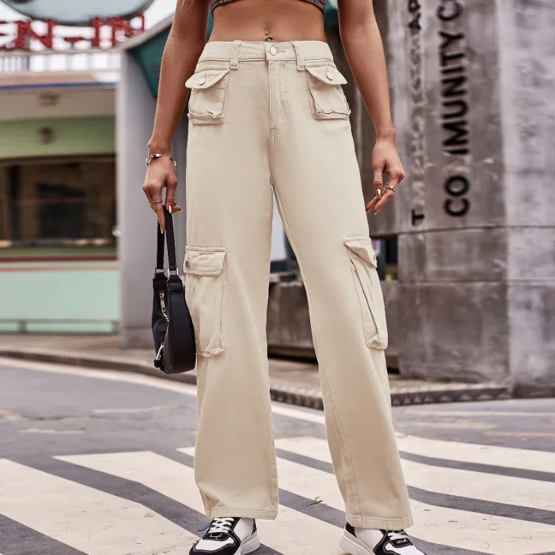 

Pop Autumn Spring Jeans Women Denim Pants Vintage Straight Trousers Fashion Female White Black Solid Loose Casual Wide Leg Pants