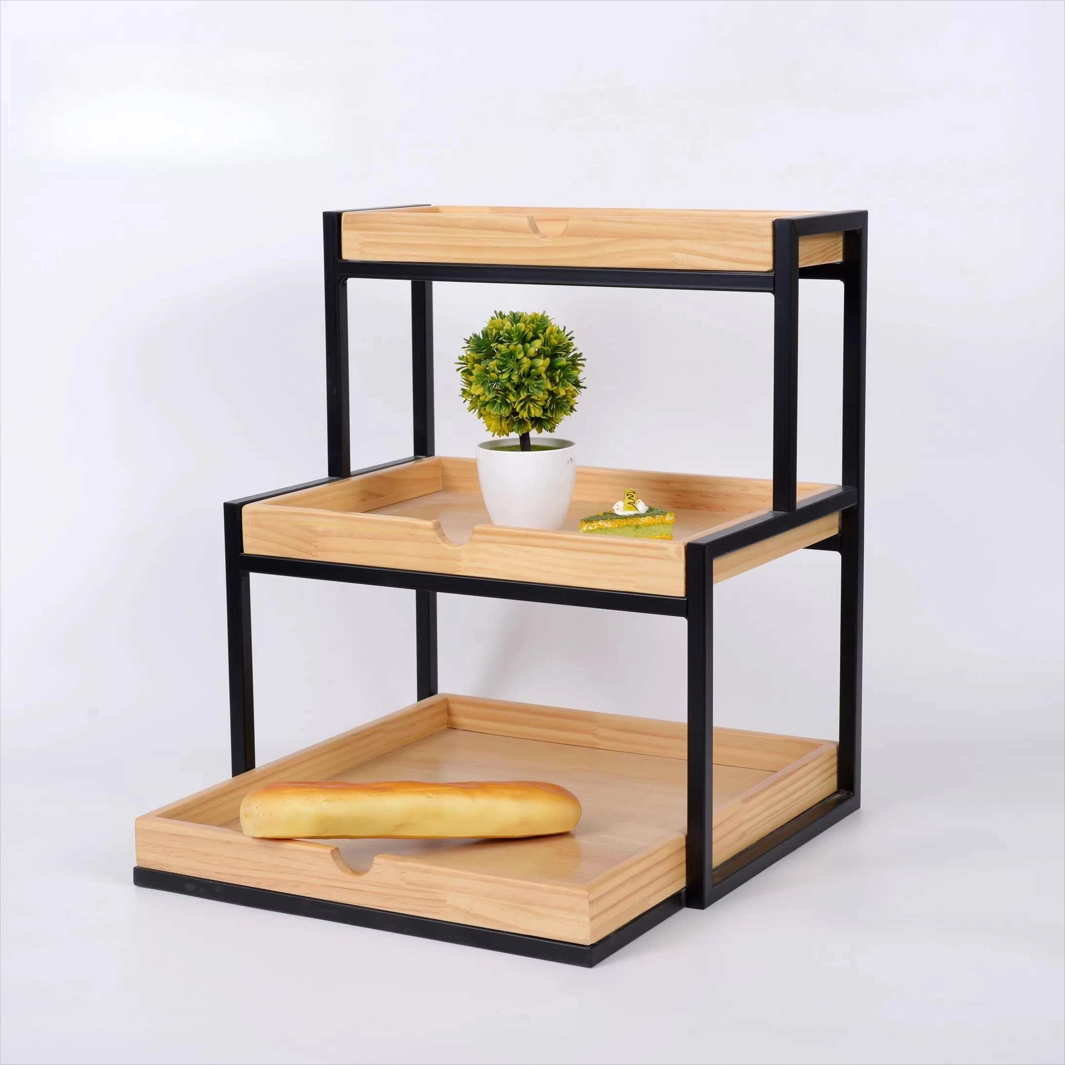 

Three-layer ladder pine iron frame bread supermarket fruit cosmetics clothing flower display rack promotion booth