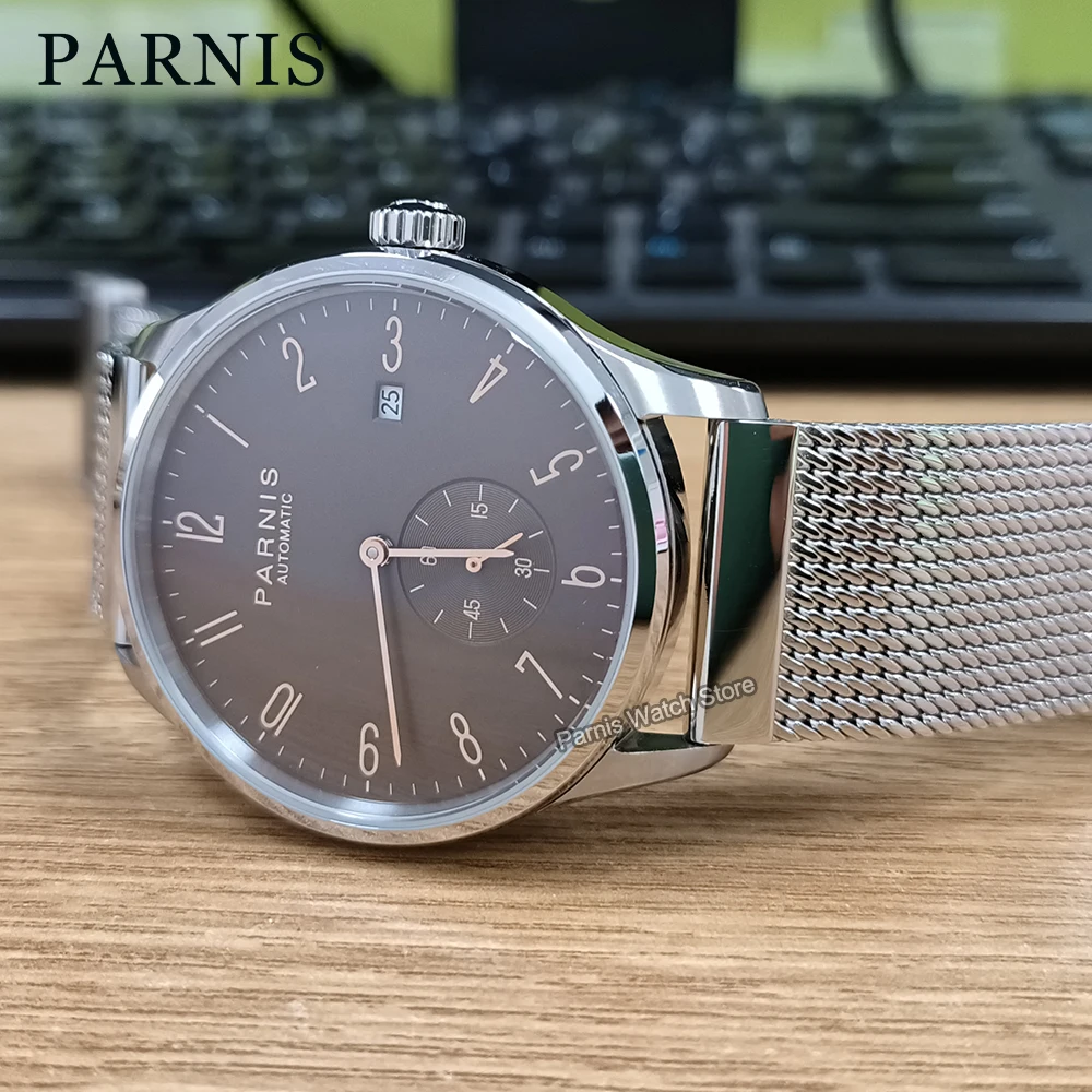 Parnis 41.5mm Automatic Movement Men's Boys Guy Casual Coffee Dial Stainless Steel Wristwatch