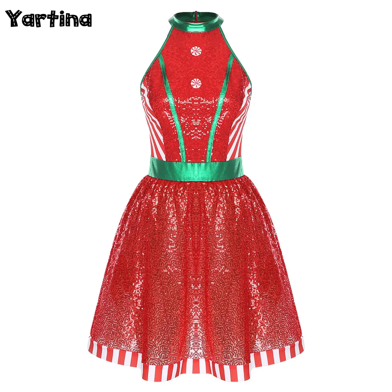 

Womens Girls Christmas Xmas Elf Candy Cane Cosplay Party Costume Back Invisible Zipper Shiny Sequins Ballet Tulle Leotard Dress