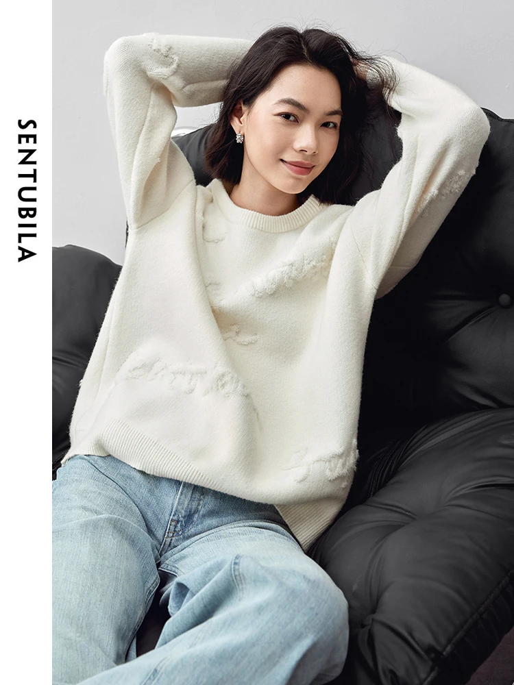 SENTUBILA Jacquard Knitted Pullovers Women 2024 Autumn Commute Casual Loose Fit O Neck Long Sleeve Warm Knitwear W43E56268