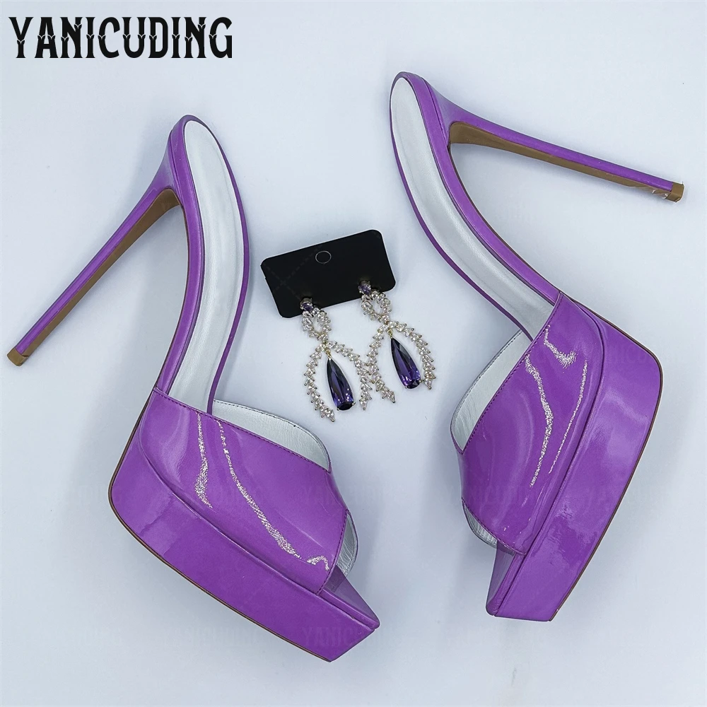 

Purple Glossy Leather Platform Mules Sexy Pointed Peep Toe Stilettos Fashion Style Customizable Leather Women's Summer Slippers