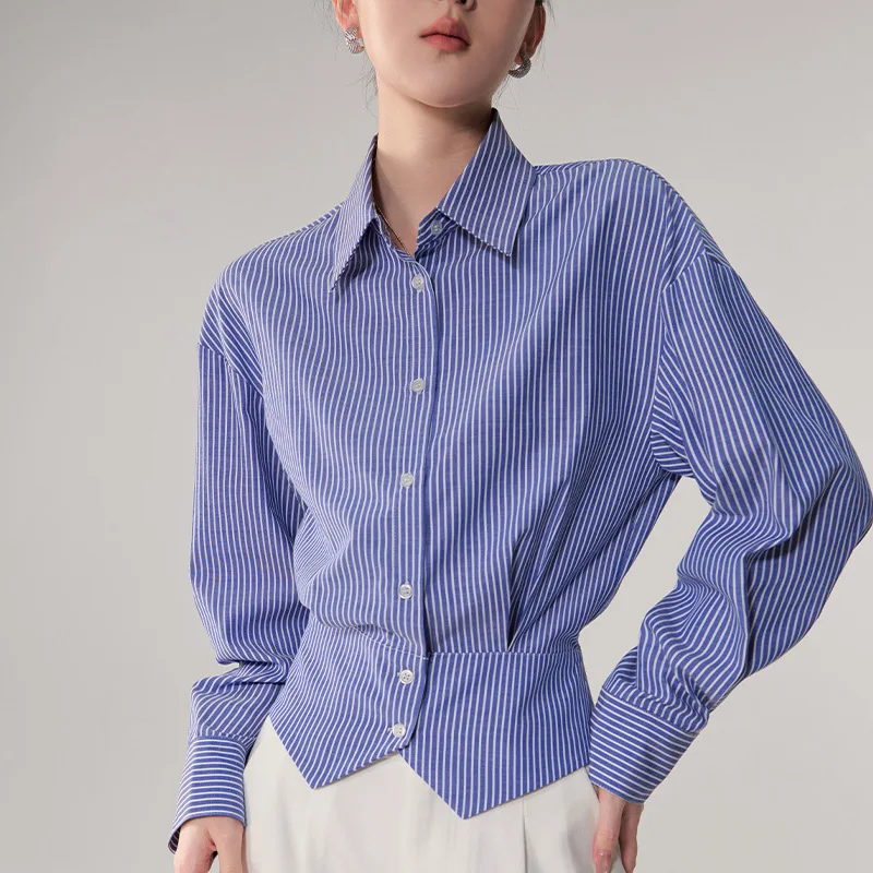 

2026 Classic Stripe Woman Spring Autumn Blouses Vintage Office Lady Long Sleeve Turn-down Collar Loose Blusas Tops