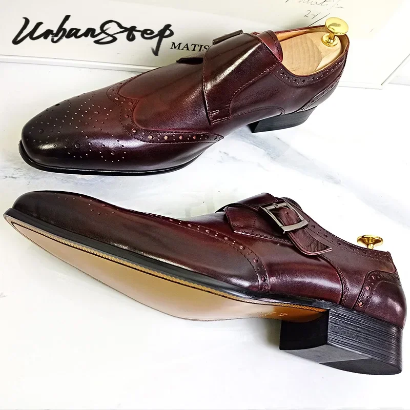 LUXURY MEN\'S LOAFERS GENUINE LEATHER BURGUNDY SLIP ON MONK STRAP CASUAL DRESS MAN SHOE BUSINESS OFFICE WEDDING SHOES MEN