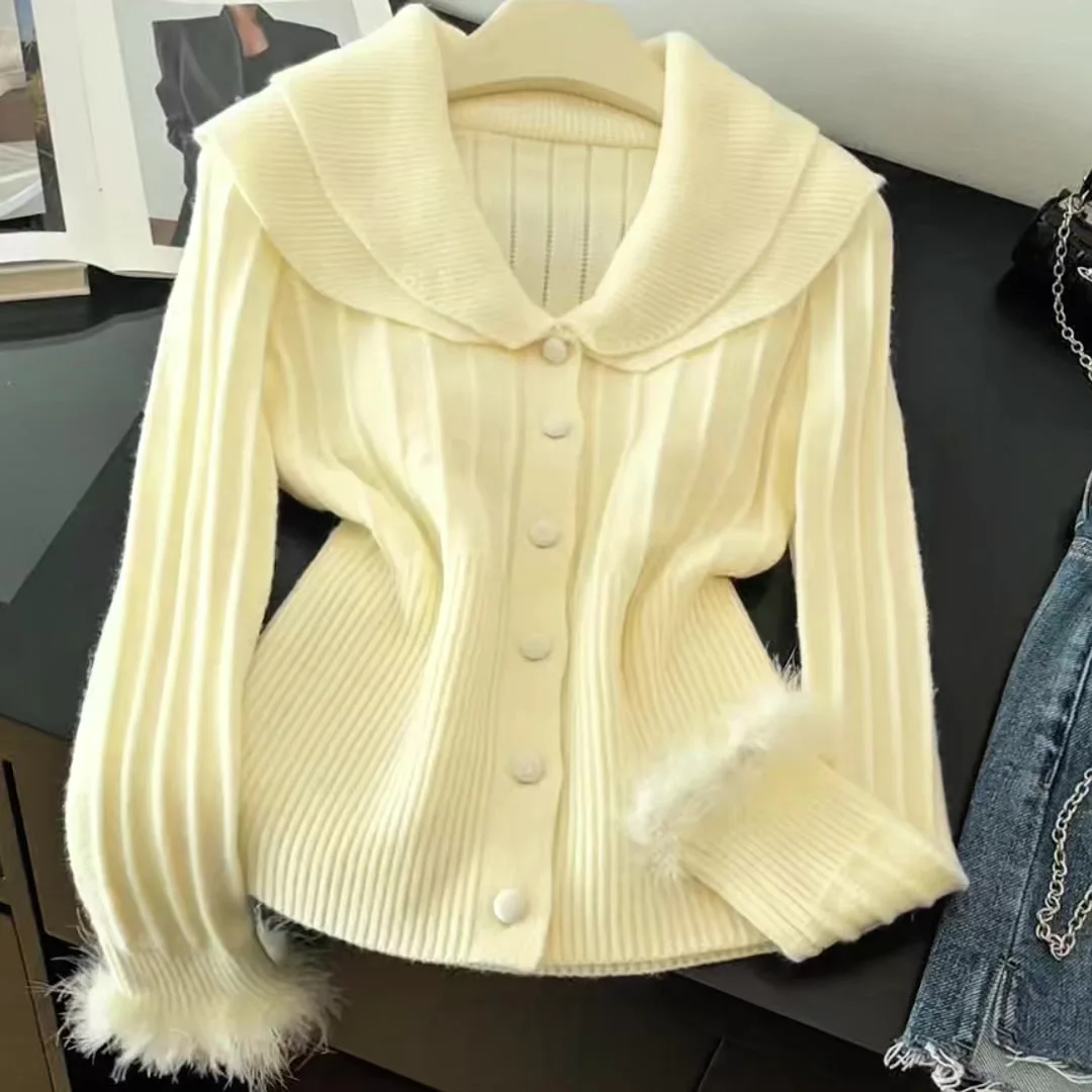 

Women Apricot Cardigan 2000s Vintage Korean Style Jumper Knit Outerwear Long Sleeves Peter Pan Collar Cashmere Sweater For Women