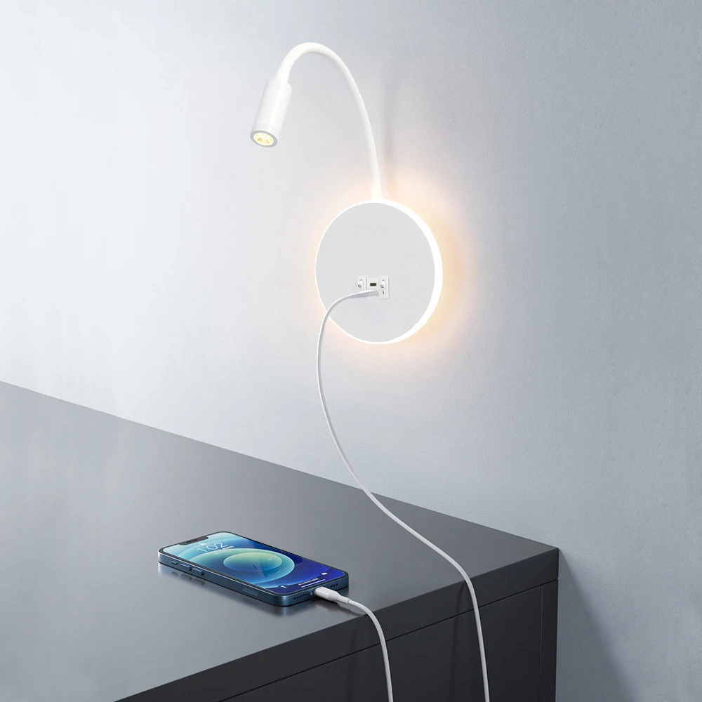 AC 100-240V Modern LED Reading Wall Lamp, Gooseneck Besides Lamp with 2.1A USB & Type-C Charging Port for Bedroom Living Room