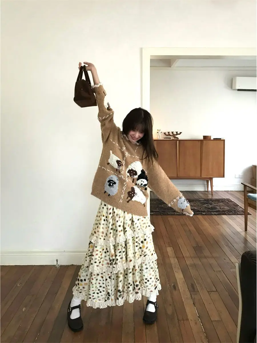 Vintage Cute Dot Sweet Long Skirt Women Preppy Style Spring Kawaii Skirts Spring High Waist Lady Lace Patchwork Cake Long Skirts