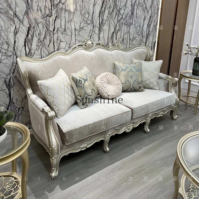 

French light luxury solid wood three-person luxury combination living room carved sofa large apartment