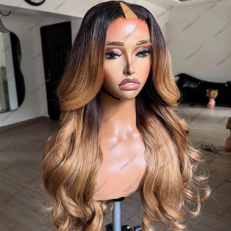 

Ombre Cool Blonde Black Roots Easy Match U Part Wigs for Women Light Honey Blonde Wavy Long V Part Wigs for Black Women Cheap
