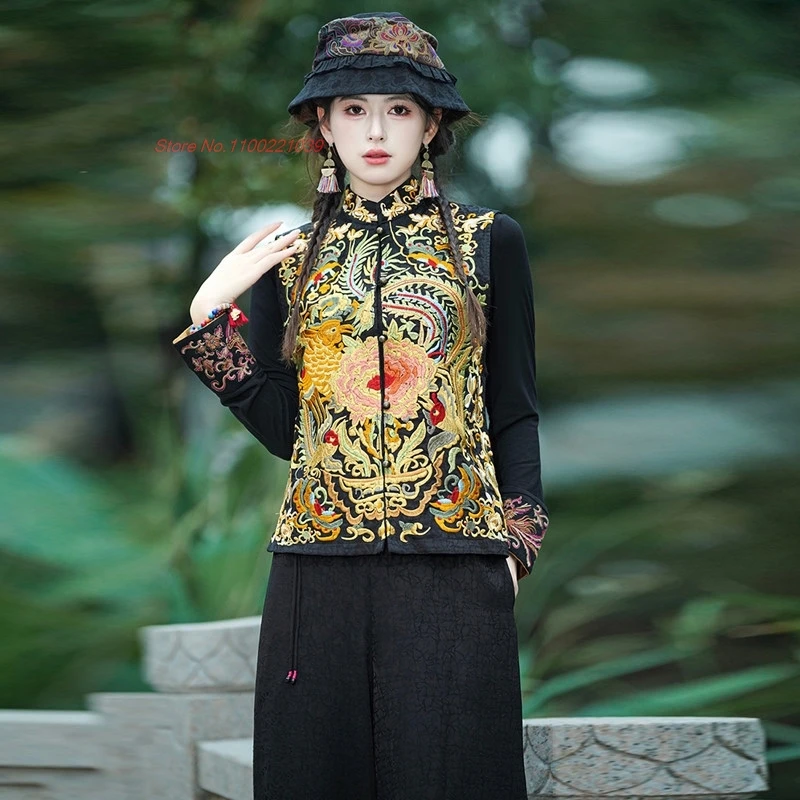 

2026 national flower phoenix embroidery stand collar vest vintage satin vest traditional ethnic hanfu tops sleeveless jacket