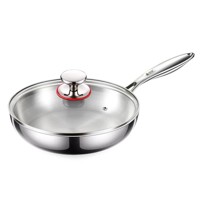 

Modern stainless steel frying pan with non-stick flat bottom, kitchen cooking utensils, universal wok for gas stovesinduction