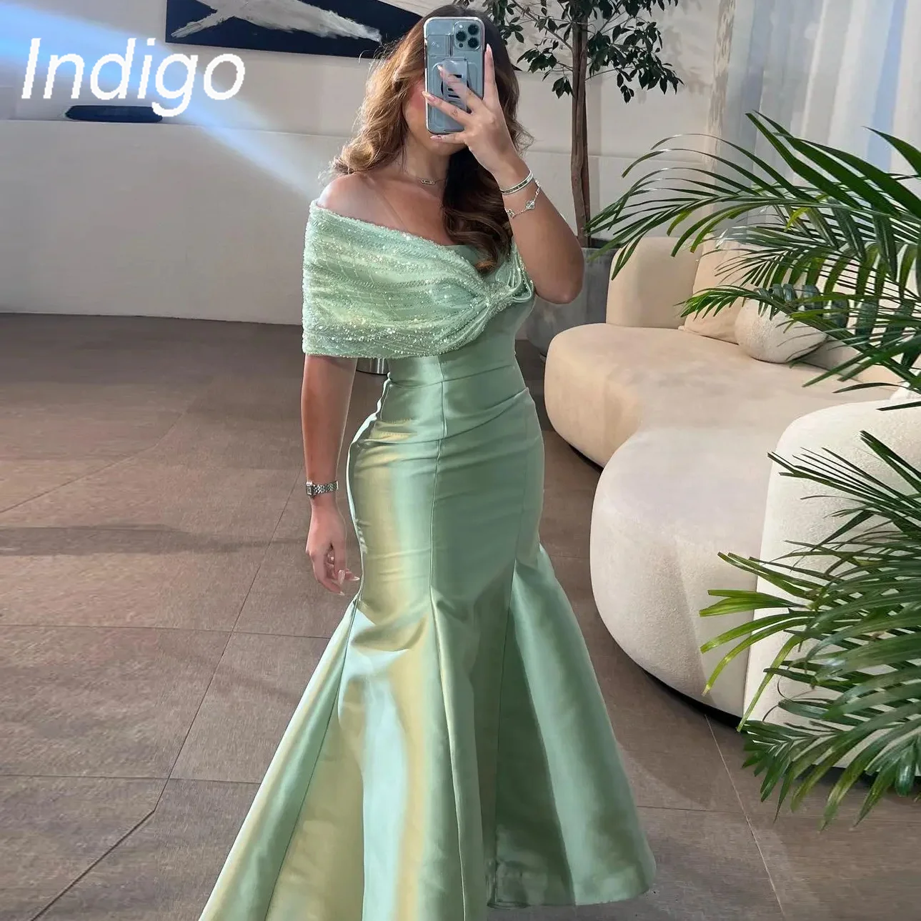 Indigo-vestidos de graduación con hombros descubiertos para mujer, vestido de baile Formal hasta el suelo con cuentas, 2024