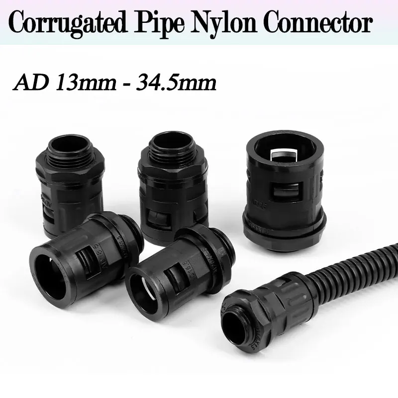 2-10pcs Nylon Corrugated Tube Connectors AD10~34.5mm Plastic Pipe Joint Conduit Gland End Fittings Wire Cable Harness Accessory