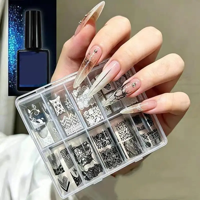 1 Box Nail Decoration Lace Design Nail Foils Rose Flower Pattern Black White Nail Art Stickers Sequin Effect Transfer Paper