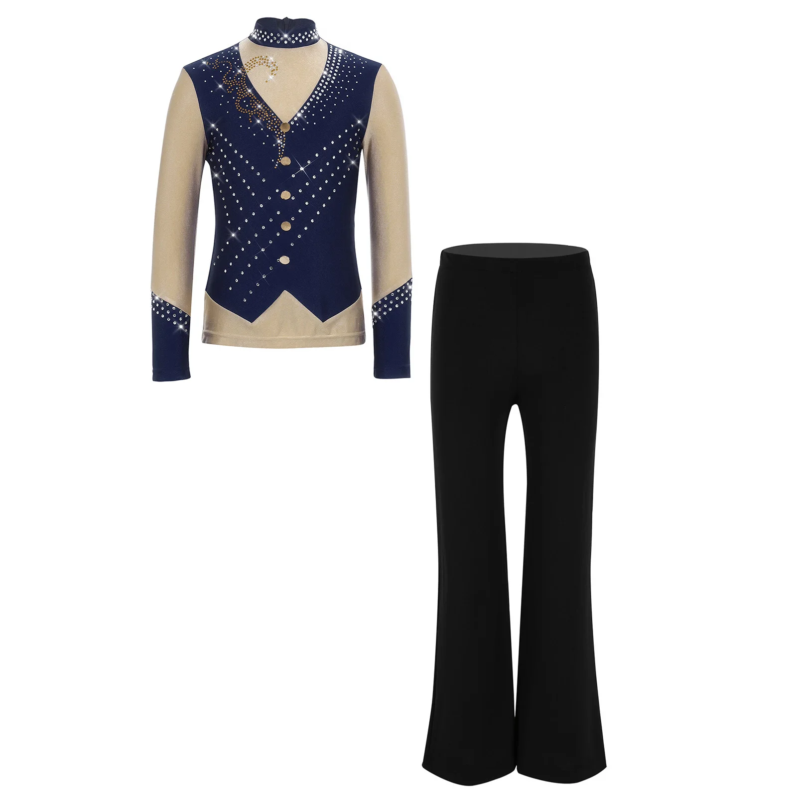 Kids Boys Figure Ice Skating Sparkly Rhinestones Long Sleeve Contrast Color Top And Stretchy Boot Cut Pants Costumes Outfits