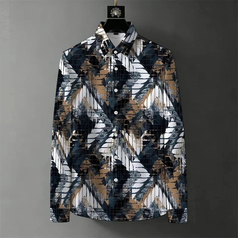 European and American style high street color-blocked diamond print shirt, men's wrinkle-free lapel long-sleeved casual top.