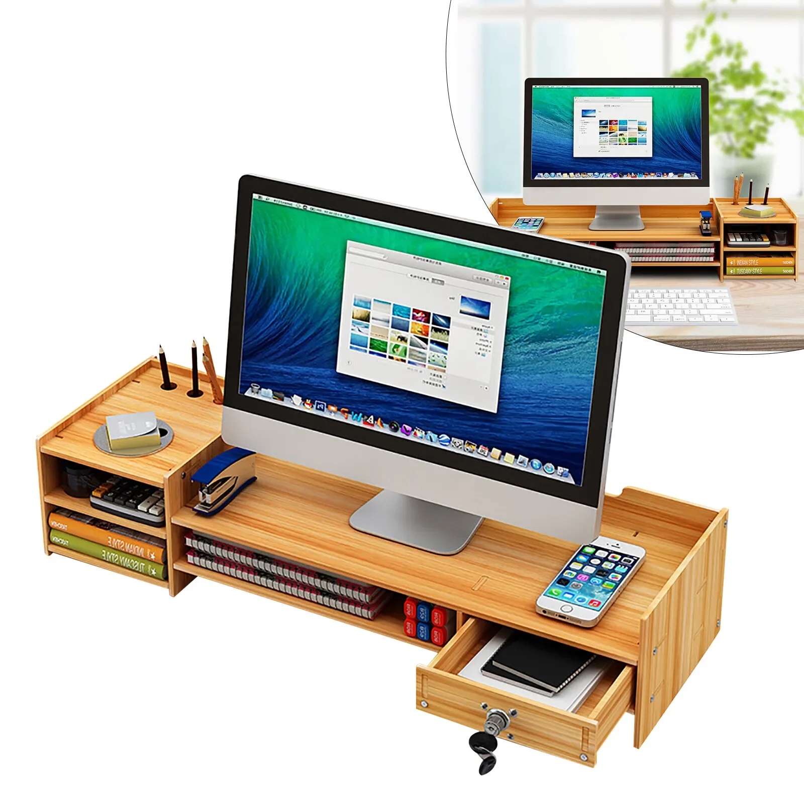 

Solid Wood Desk Organizer w/ Lockable Drawer - Office Desktop Storage for Files, Supplies & Computer | Secure Compact Design