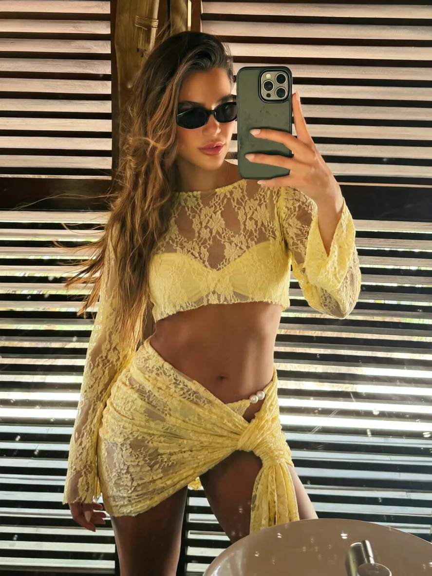 Fashion Floral Lace Pearl Detail Bikini Women 4Pcs Beach Cover Up Set Elegant Lady Low Waist Bathing Suit Mujer Vacation Outfits