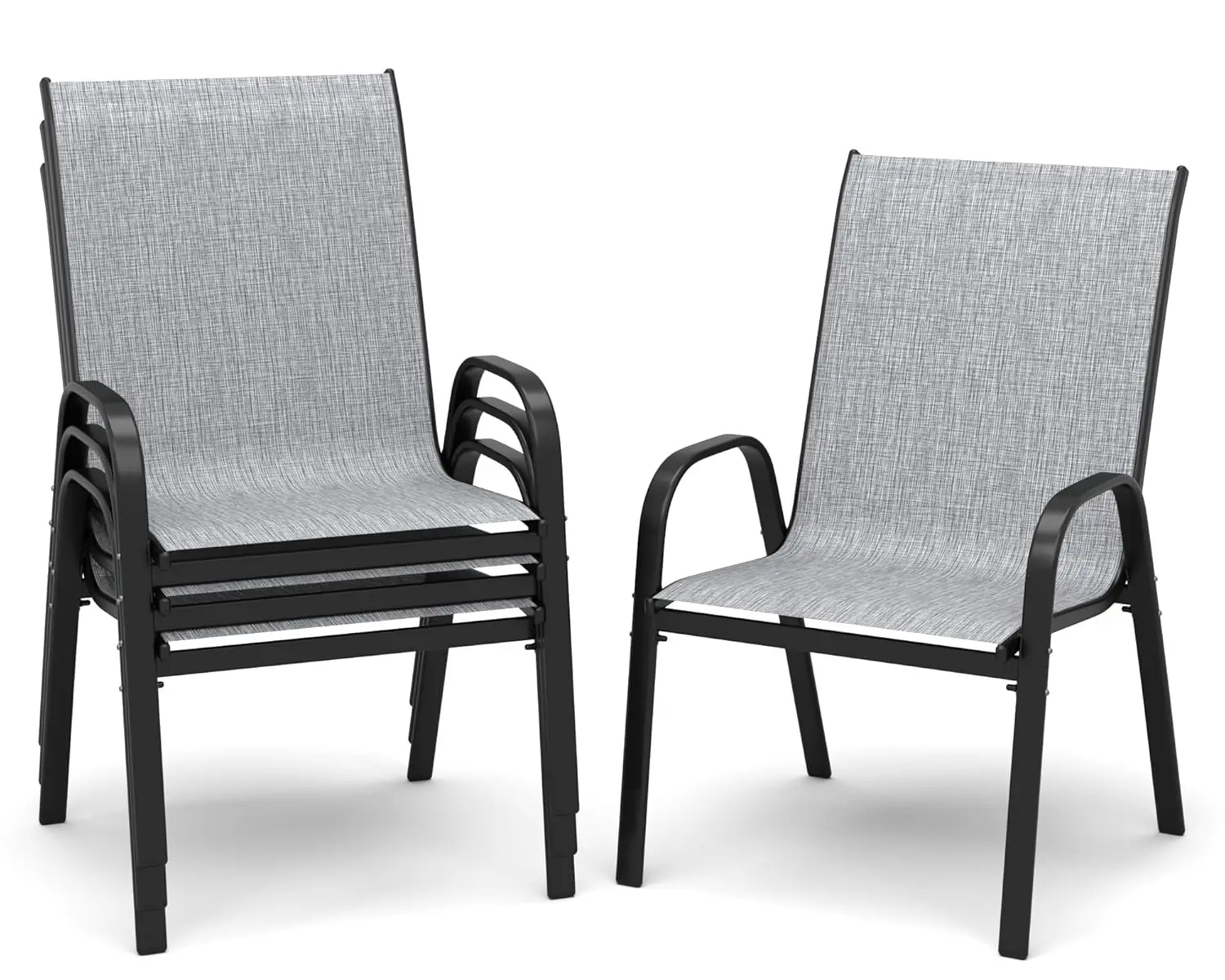 

Комплект из 4 штабелируемых садовых стульев для патио, всепогодные, из текстилена, с изогнутыми подлокотниками, выдерживают до 300 фунтов, для газона, двора, сада, серые, на заказ