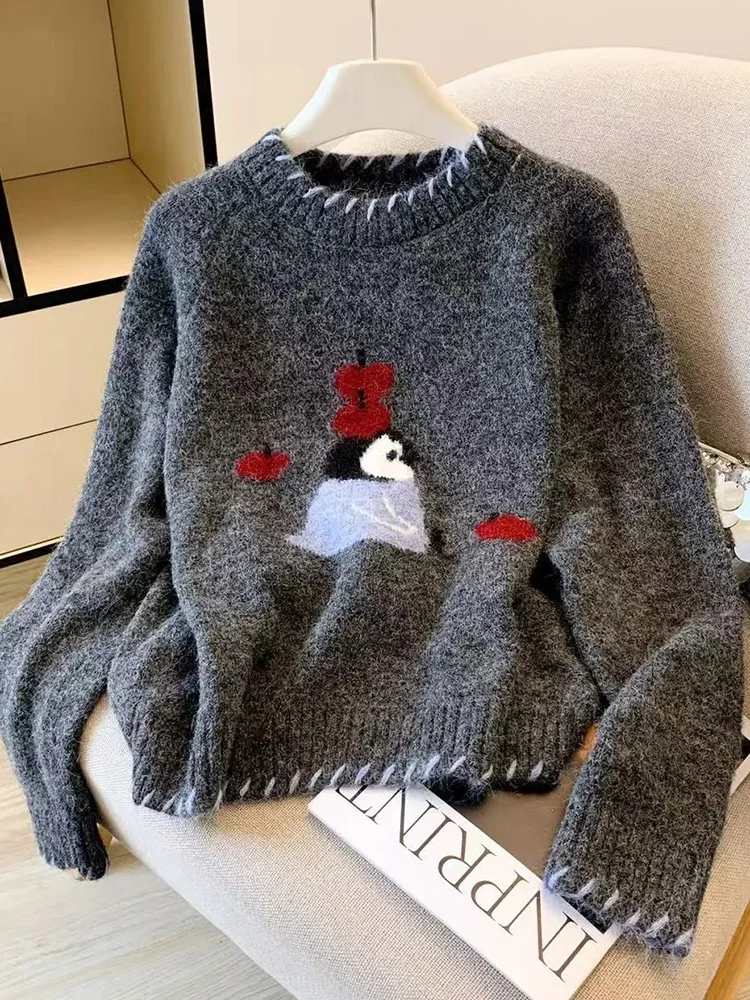 

Japan Preppy Style Cute Sweater Women Loose Vintage Lazy Wind Gray Knitted Jumper Kawaii O Neck Long Sleeve Female Sweet Tops