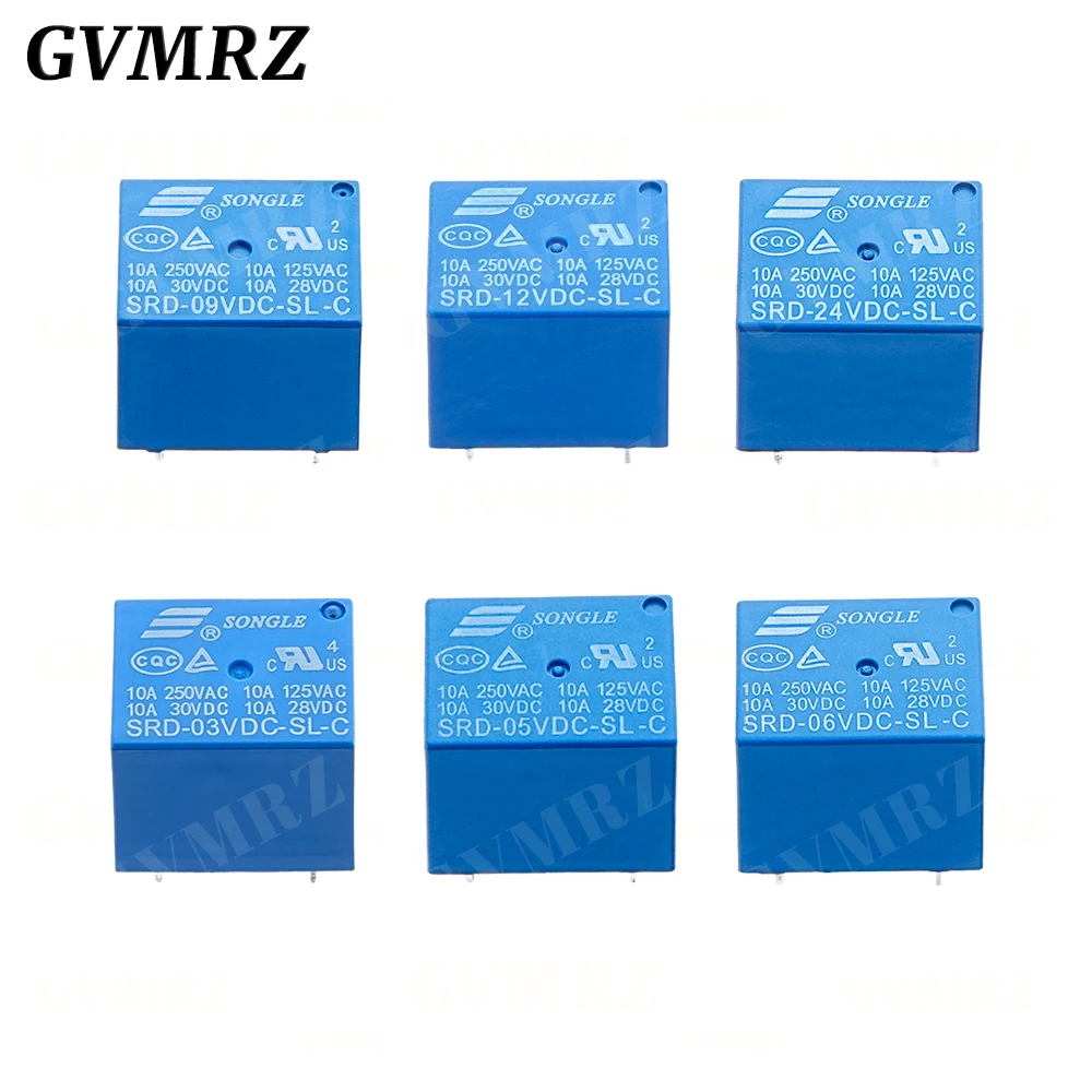 10Pcs Relays SRD-03VDC-SL-C SRD-05VDC-SL-C SRD-06VDC-SL-C SRD-09VDC-SL-C SRD-12VDC-SL-C 3V 5V 6V 9V 12V 24V 48V 10A 250VAC 5PIN
