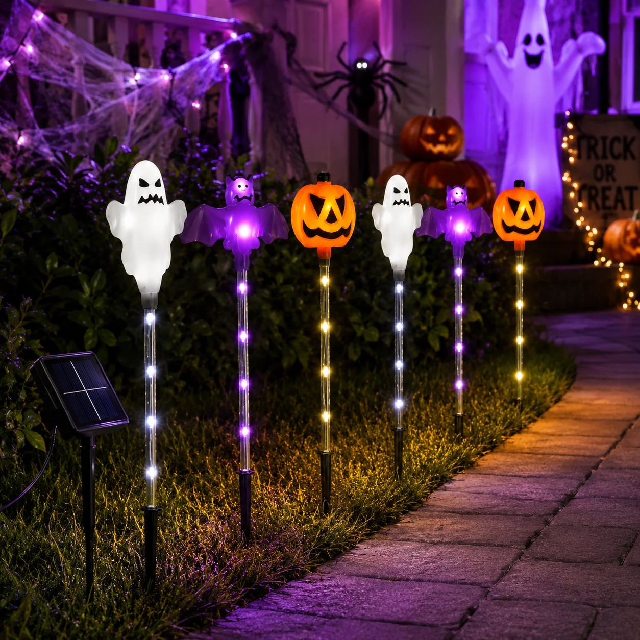 6pcs Solar Powered Ghost Bat Jack O Lantern Ground Stake Light Set Spooky Figure Lamp for Halloween Garden Front Decoration