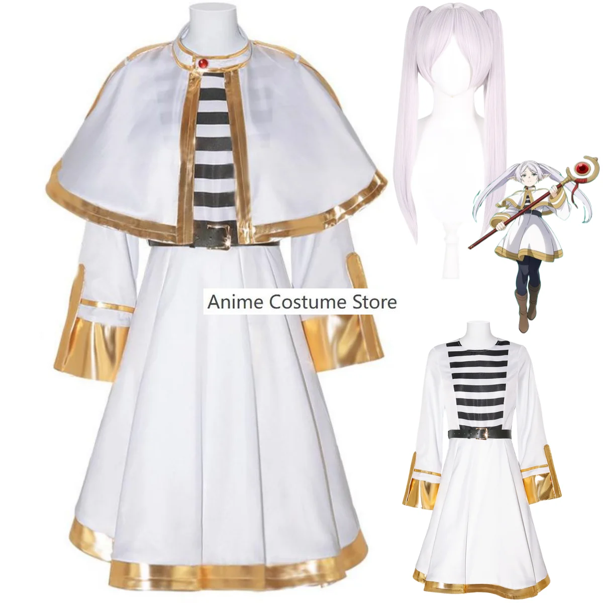 Anime Frieren At The Funeral Frieren Cosplay Costume Magicians Wig White Shawl Dress Woman Sexy Kawaii Carnival Halloween Suit