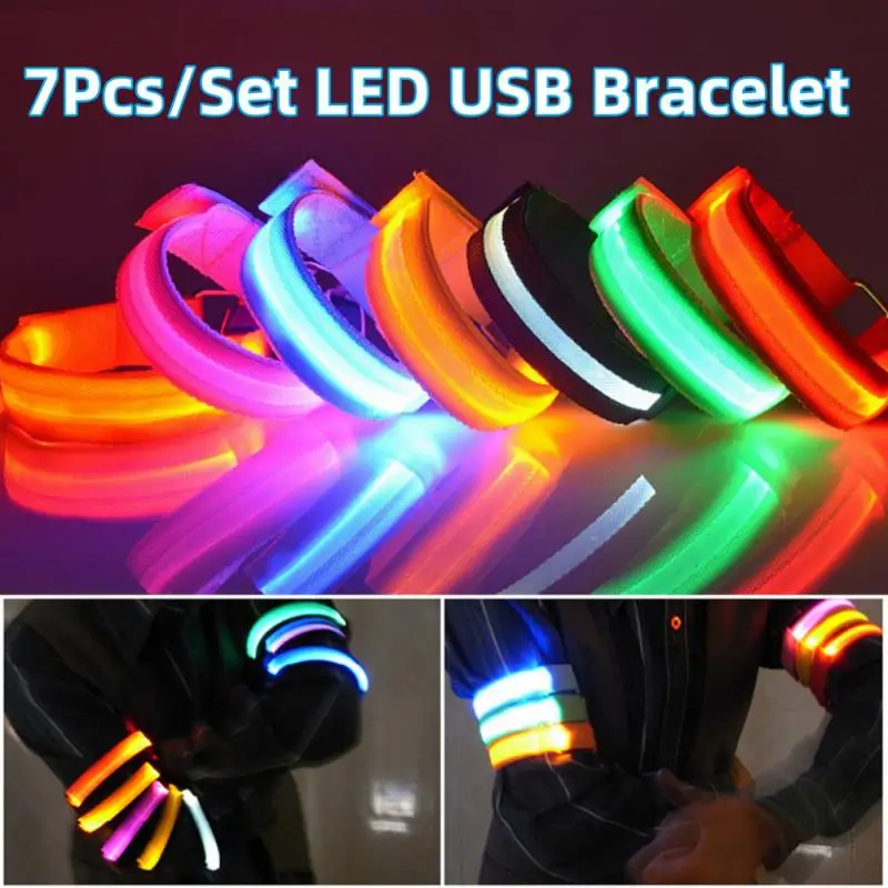7Pcs/Set Night Running Armband LED Light Outdoor Sports USB Rechargeable Safety Belt Arm Leg Warning Wristband Lamp Bike Light