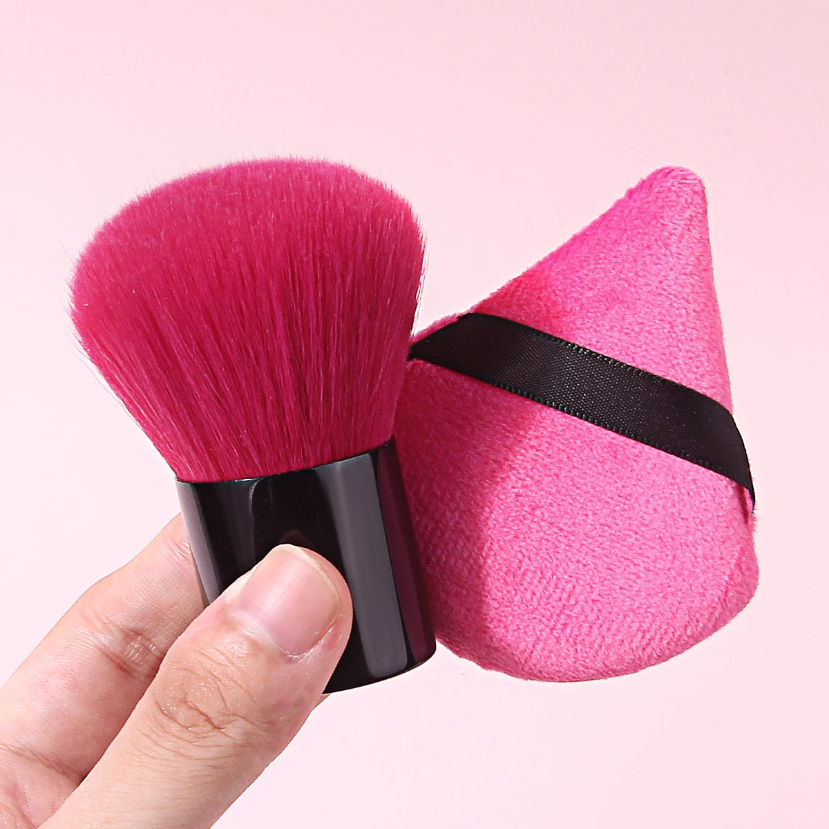 2PCS Makeup Tool Set, Soft Kabuki Blush Powder Brush + Triangle Powder Puff, Portable Loose Powder Foundation Kit for Beginners