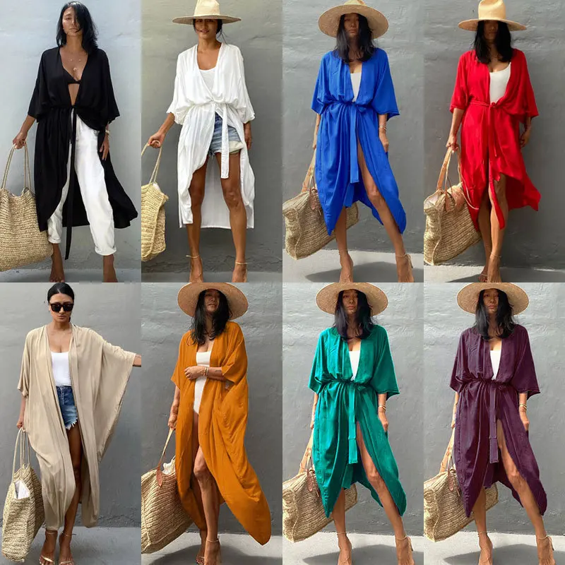Solid Beach Cover Up Women Self Belted Wrap Kimono Swimsuit 2026 New Robe Summer Vacation Kaftan Beachwear Tunic Sarong Cardigan