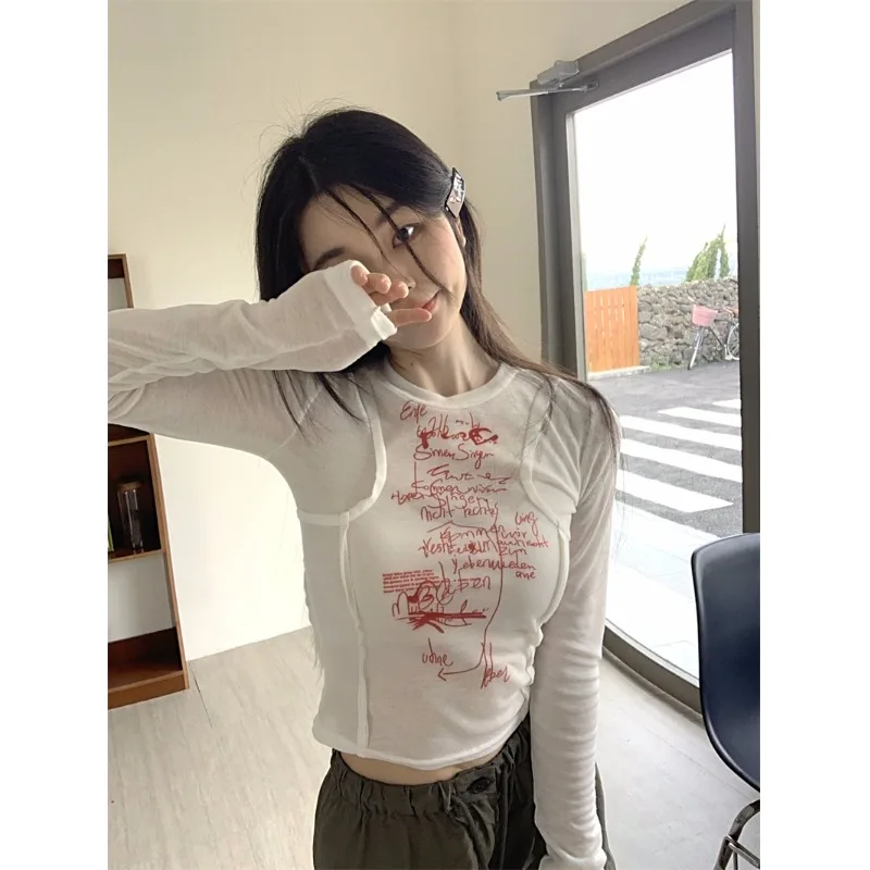 Spring New Women's Slim Fit Short T-Shirt Overhead Design Sense Fun Print Commute Korean Sle Long Sleeve round Neck Top