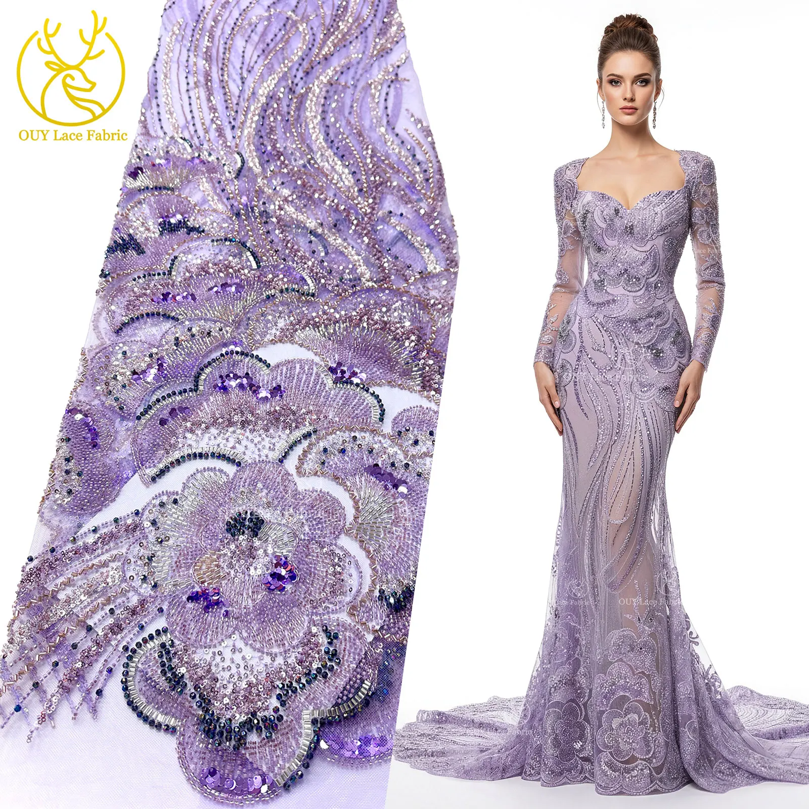 

Purple 5 Yards Luxury High-end Beaded Fabric Heavy Sequins Embroidery Fabric Fashion French Tulle Mesh Lace Fabric for Wedding