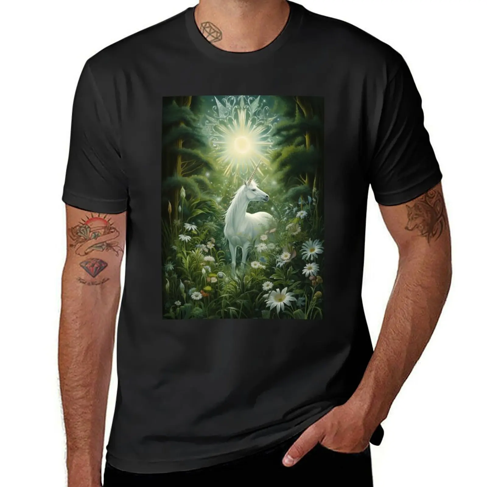 Unicorn in green glade with mandala. T-Shirt customs sweat plus sizes blanks mens graphic t-shirts big and tall