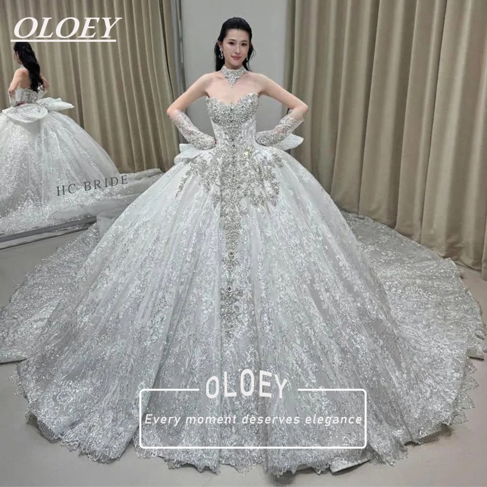 

OLOEY Luxury Princess Wedding Dress Lace Crystals Sweetheart Neck Bridal Gown With Sleeves Women's Quinceanera Dress Customized