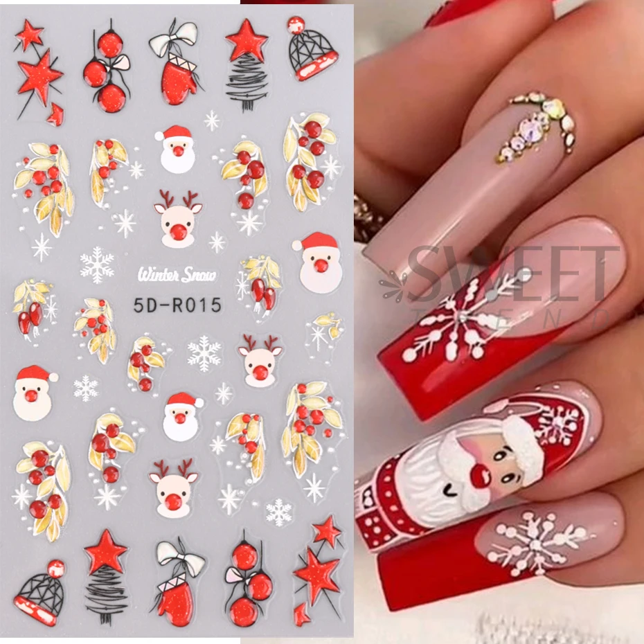 Colorful Christmas Light 5D Embossed Nails Art Stickers Snowflake Glove Decals Self Adhesive Bells Light DIY Manicure Decoration