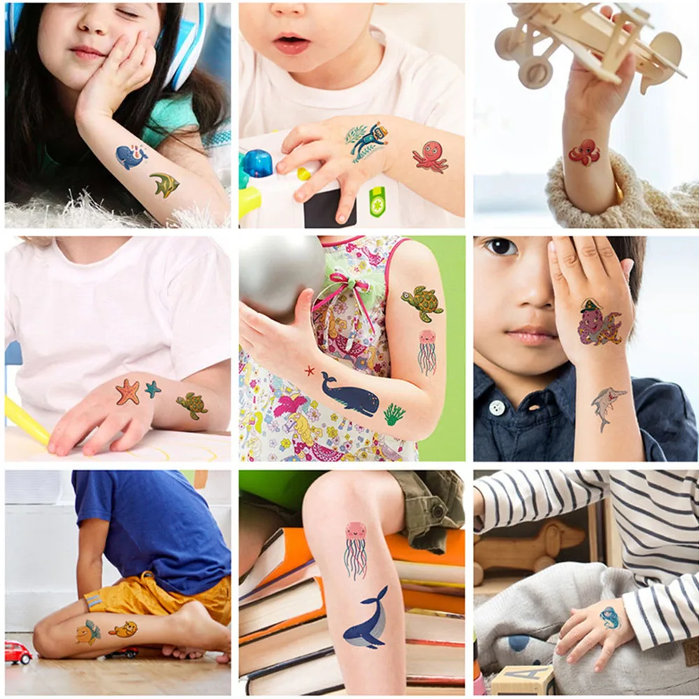 Tatuajes temporales de animales del océano para niños, pegatinas de tatuajes de criaturas marinas para niños, recuerdos de fiesta de cumpleaños con tema bajo el mar