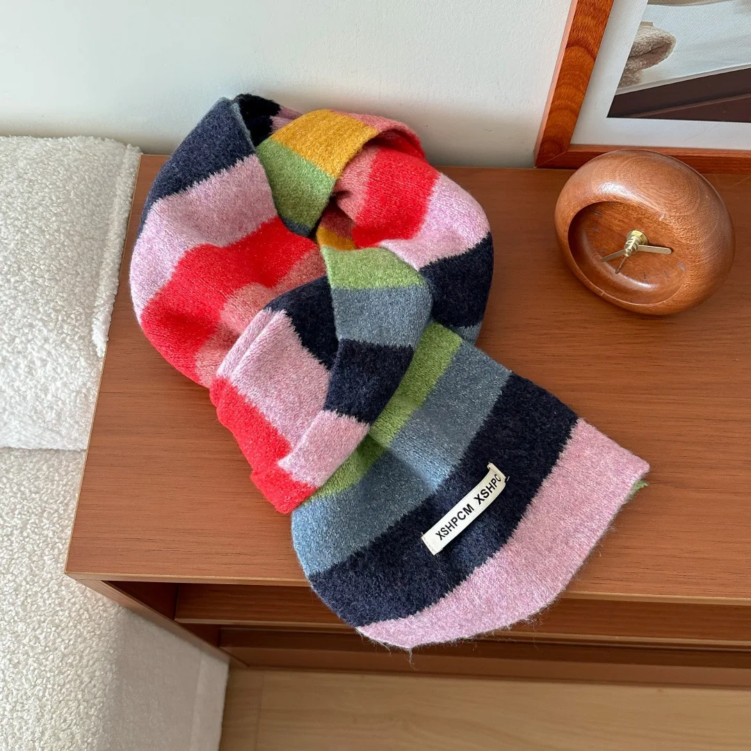 Unisex Rainbow Wool Knit Scarf Winter Color Block Stripe Short Neck Wrap Sweet Warm Student Scarf for Men Women