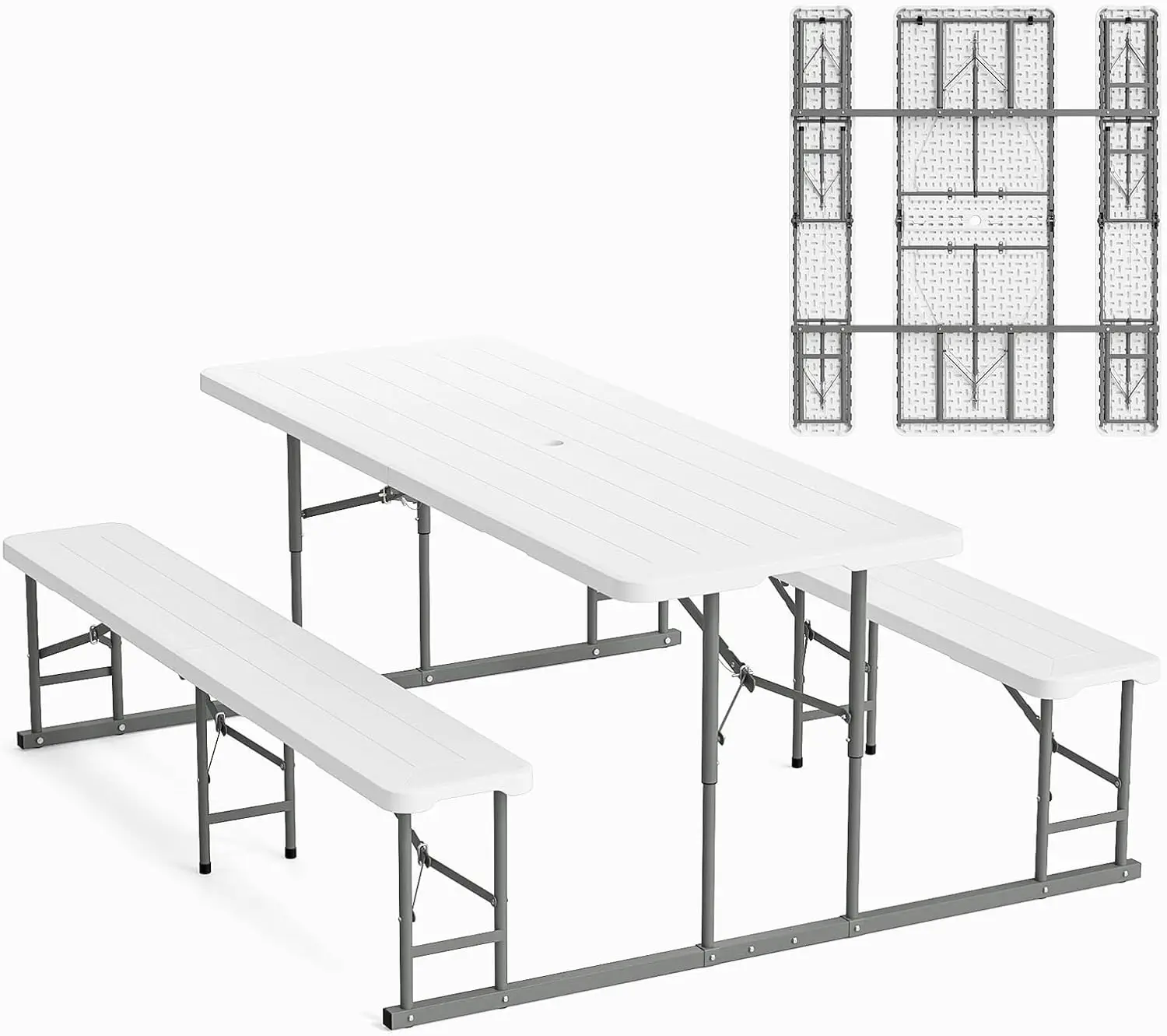 Folding Picnic Table And Bench Set, Portable Outdoor Dining Furniture For Camping Patio Backyard Garden, Wood Grain Texture Plastic Top With Sturdy Metal Frame, Modern Casual Style, White, 3 Pieces Set